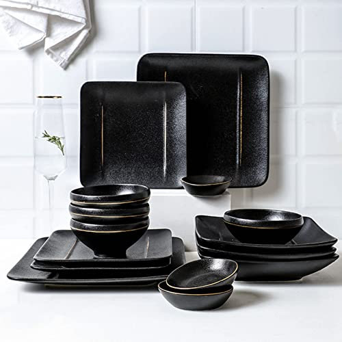 DUDSME Porcelain Square Dinner Set Matte Black 34 Piece Dish Set Chip Resistant Dinnerware Set Service for 8 Crockery Set with Dinner Plates Steak Plate Bowls and Taste Dish Dinner Servi