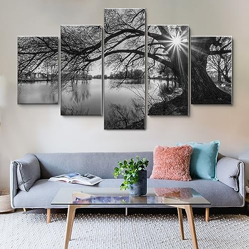 5 teiliges wandbild Baum-See-Silhouette-Sonnenaufgang-Schwarz-Weiß 5 stück leinwand wandkunst,5 teilig leinwand wanddeko,leinwanddruck 5 teilig bilder wohnzimmer modern groß,mit rahmen,xxl 100x55cm