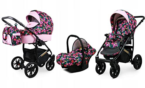 BabyLux® Enfant Poussette Combinée Set 3 en 1 - Miracle - incl. Nacelle, Canne, Siège de voiture - Siège Auto - Landau Bébé - avec Sac à langer, Habillage pluie, Moustiquaire etc.
