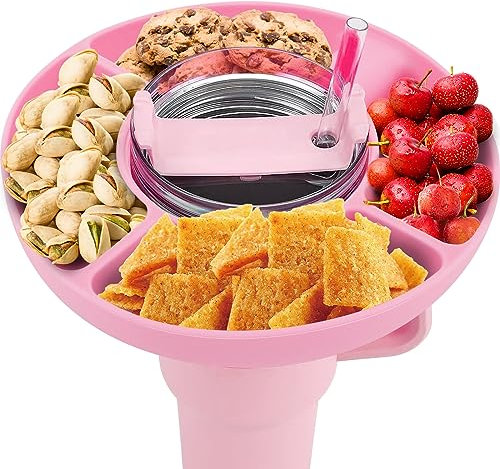 Muross Snack Ring for Cup 40 oz, 4 Compartment Snack Container, Safe Silicone Cups Snack Tray, Reusable Cups Snack Platters, Portable Effortless to Clean Snack Ring for Cup Accessories (Pink)