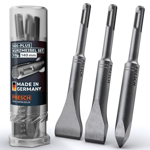 Presch SDS-plus Set di Scalpelli 3 pezzi - Set completo di scalpelli piatti, scalpelli larghi e scalpelli a punta - Punte estremamente robuste e durature - (lunghezza di 140 mm) per colpi potenti
