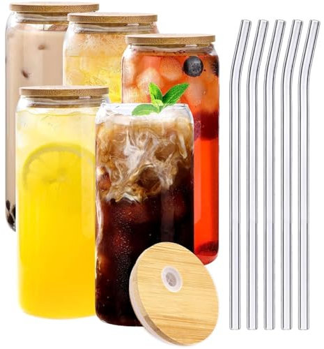 PiurUf Verre De Canette De Bière De 20 Oz avec Couvercles en Bambou Et Paille en Verre,Verres À Boire Réutilisables pour La Maison Le Voyage Le Bureau Le Café Le Thé Le Jus De Boba,10pcs
