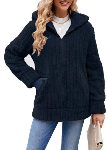 ABYOVRT Felpe con Cappuccio Donna Oversize Teddy Bear Felpa in Pile Caldo Autunnale Invernale Cappotti Elegante Media Lunga Pile Donna con Zip,Blu Navy,XL
