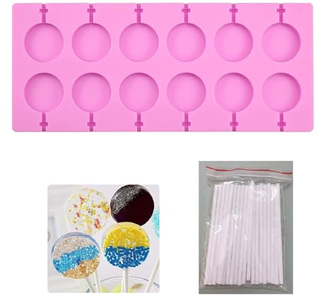 Moule à Sucettes en Silicone Moule à Chocolat XUEHOU Moule à Sucettes Rond en Silicone 12 Trous avec 20 Bâtonnets de Sucettes pour Faire des Sucettes au Chocolat