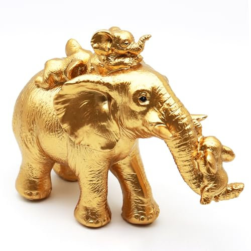 Irayin Elefanten Deko Figuren, Elefant Statue, Mama Geschenk, DREI Elefantenbabys schlafen auf Einer Elefantenmutter, Dekoration für Wohnzimmer, Büro, Bücherregal, Schlafzimmer - Gold
