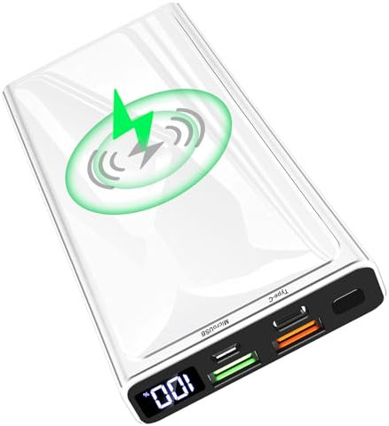 Wireless Power Bank, 10000mAh Portable Charger PD20W QC3.0 15W Wireless Charging LED Display,External Battery Pack,2 Inputs and 4 Outputs(Qi & USB C) for iPhone Samsung Huawei iPad Headset etc (white)