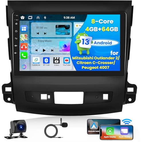 4+64G Android 13 Radio Coche para Mitsubishi Outlander 2/Peugeot 4007/Citroen C-Crosser Inalámbrica Carplay Android Auto, Pantalla Táctil 9 Pouces con Bluetooth RDS USB GPS WiFi DSP Cámara Trasera