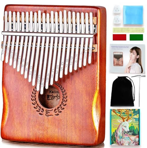 Everjoys Kalimba Daumenklavier 21 Tasten Professionelles Musikinstrument Finger Marimbas mit tragbarer Tasche aus weichem Stoff Schnelles Liederbuch Stimmhammer All in One Kit(21 Key)