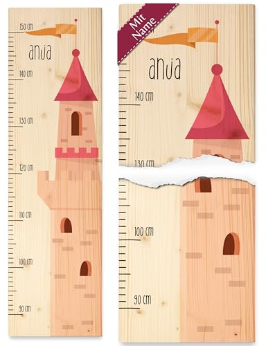 Messlatte Kinder - Prinzessin - Rosa Turm des Schlosses mit Name - Geschenk Mädchen Kindermesslatte Märchenhaftes Turmmotiv - 90-150 cm - Holz