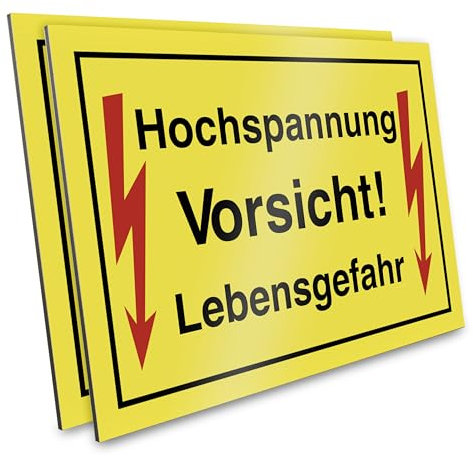 PRIMUS-PRINT – 2er Set- Vorsicht Hochspannung Lebensgefahr Schild – Warnschild für Elektrobereiche – Hochwertiger Aluminium Verbund oder Hartschaum – 20x30 cm – UV-beständig und wetterfest