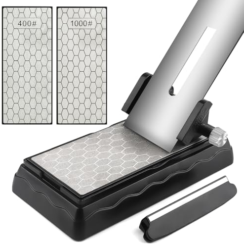 Kalolary Diamond Sharpening Stones with Honing Guide, Knife Sharpener Stone with Non-Slip Base for Chisels Planes Sharpening Stone Set Fine/Coarse Diamond Sharpening Plate with Angle Guide (400/1000)