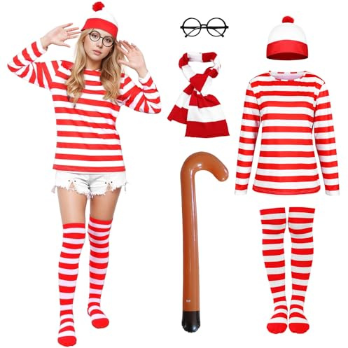 Suffolly Kostüm für Erwachsene, 'Wo ist Wally?' rot-weiß gestreiftes T-Shirt, Hut, Stange, Schal, Brille, Unisex Erwachsene, Halloween-Kostüm