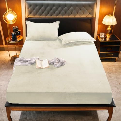 Gezu Spannbetttuch Warm Winter 140x200cm Beige Weiß Winter Warm Flanell Fleece Biber Samt Cashmere Touch Spannbetttuch Kuschelig Bettlaken für 25 bis 30cm Matraze