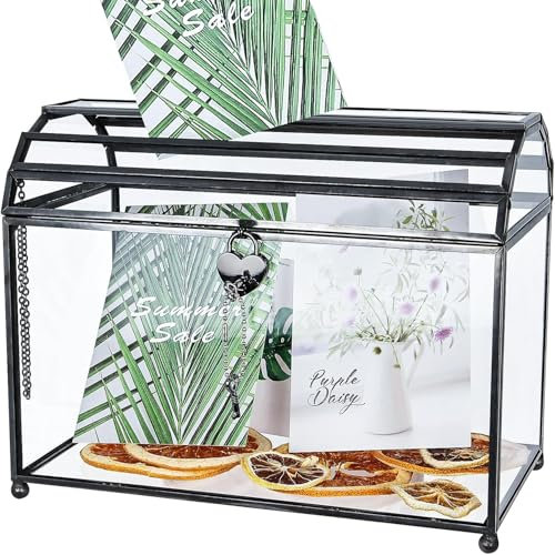 Homtone 31 cm Große Glas Hochzeit Kartenbox mit Schlitz und Schloss, Geometrisches Terrarium Schwarz Glaskasten, Vintage Präsentationsbox für Hochzeitsempfang, Tafelaufsatz
