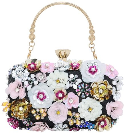 Milisente Floral Clutch Bag for Women Beaded Flower Evening Purse with Diamond Closure Detachable Chain for Wedding(Black)