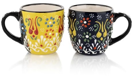 Ceramic Espresso Cups Set of 2, Cute Tea cups, 5.5 oz Demitasse Espresso cups with Handle, Modern Stackable Ceramic coffee cups Set for Lungo (Yellow/NavyBlue)