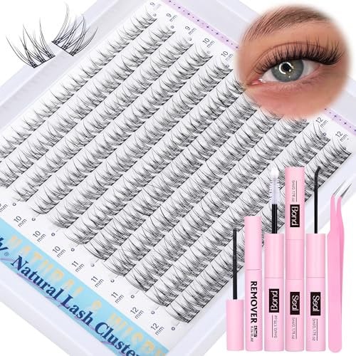 Newcally Natural Lash Clusters DIY Eyelash Extension Kit - Wispy C Curl Individual Lashes 9-12MM Short Eyelash Clusters with Lash Remover