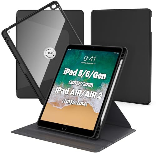 CACOE Custodia girevole a 360° per iPad 9,7 (6a Generazione)/5a Generazione, iPad Air/iPad Air 2, Antiurto Acrilico Con Supporto, Nero