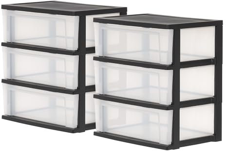 Iris Ohyama, Aufbewahrungsschänke aus Plastik, 2 Schränke, 3 Schubladen von 34L pro Truhe, Schwarz, Robust, für Schreibtisch, Garage, Schlafzimmer, BPA frei, Truhe, Box, NSW-603