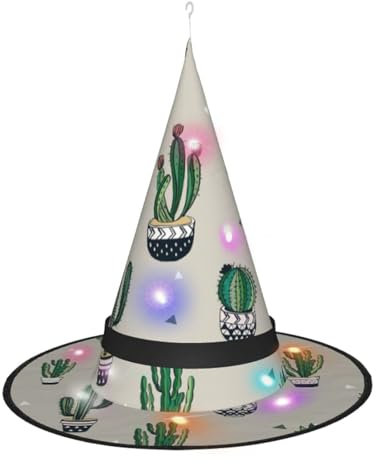 Hexenhut mit grünem Kaktus, Halloween-Hexenhut mit LED-Licht, Cosplay, Party-Dekoration