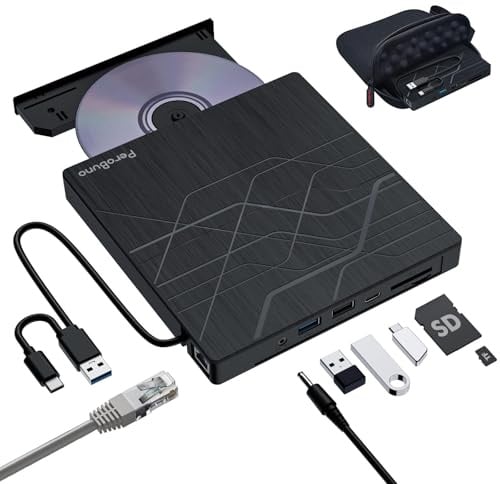 Super Masterizzatore CD Esterno, Lettore CD Esterno con Adattatore Ethernet | 3 Porte USB e 2 Porte TF/SD Card, USB 3.0 Unità Esterna CD/DVD -/+RW per PC Portatile Windows Linux Mac OS con Custodia