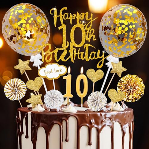 Tortendeko 10 Geburtstag Junge Mädchen, 20 Pcs Tortendeko Gold Deko 10.Geburtstag, Geburtstagsdeko 10 Jahre Junge Cake Topper mit Geburtstagskerzen, für 10 Deko Happy Birthday Cake Topper