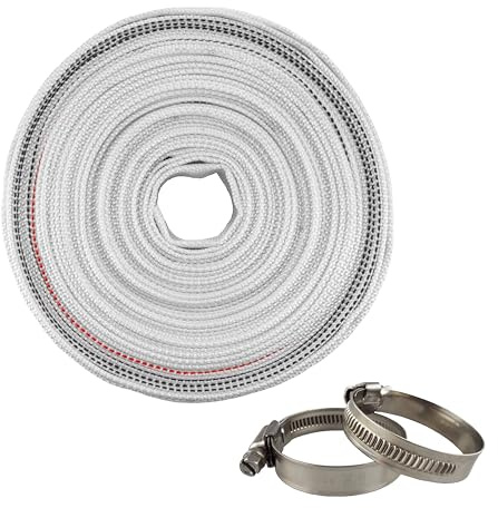 Layflat Discharge Hose 10m15m,20m Length x 25mm 32mm or 50mm Diameter,for Pond, Garden Irrigation, Hot Tub, Swimming Pool,Sump or Dirty Flood Water Discharge.with 2 x Matching Clips (25mm x20m)