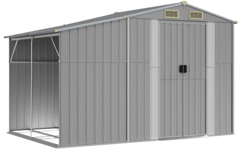 KOIECETA Gerätehaus Gartenhaus mit Schrägdach Griffe Gartenschuppen Schuppen mit Stauraum Geräteschuppen Metallschuppen Grau 277x192,5x179 cm Verzinkter Stahl
