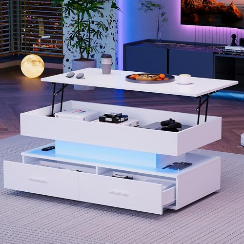 Goeria 100 x 50 x 44 cm, mesa de centro hidráulica ajustable, con iluminación LED y control Bluetooth, 2 cajones y almacenamiento abierto