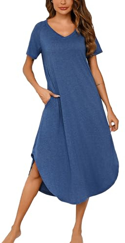 Nieery Chemise de Nuit Femme Coton Manches Courtes Robe de Nuit col V vêtements de Nuit Longue Tee Shirt Nuit avec Poche Robes Casual Femme lâche Robe Maxi