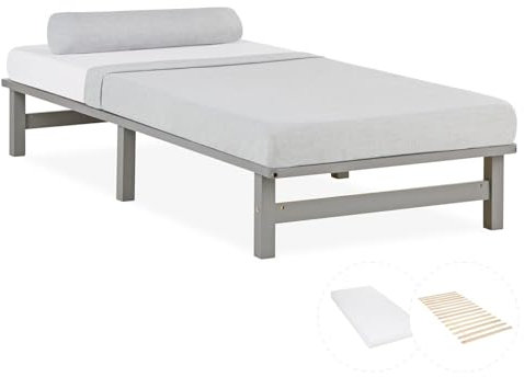 Homestyle4u Holzbett mit Matratze Lattenrost Palettenbett 90x200 Einzelbett Bett Bettgestell Massivholzbett Kiefer Grau