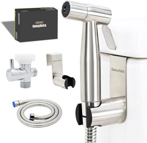 SassyAstra Handheld Toilet Bidet Sprayer — Adjustable Water Pressure, with Hose, Feminine & Pet Wash Kit, Bathroom Hygiene Attachment for Cloth Diaper Cleaning (Quick Install, Stainless Steel)