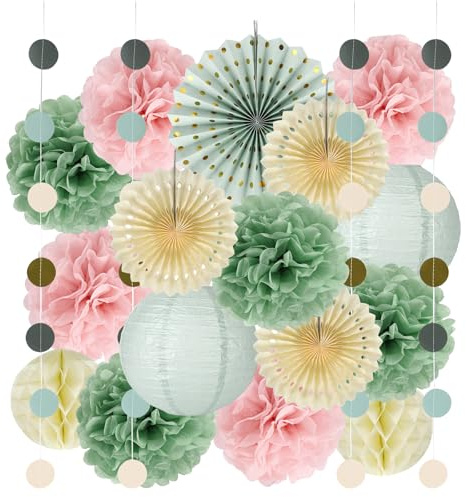 17 Stücke Salbeigrün Rosa Party Deko Pompons Deko Papierlampion Party Deko Set Lampions Geburtstag Papier Dekoration für Geburtstag Hochzeit Fest Umweltfreundliches Papier Einfache Montage