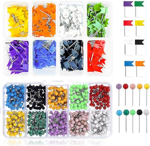 160 Stück Fahnennadeln Bunt, 500 Stück Pinnadeln Rundkopf, Pinnnadeln Pushpins Pins für Pinnwand Reißzwecken für Pinwand, Bulletin Kork Bord Landkarte Pinnadeln