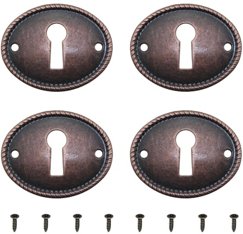 FMHXG 4PCS Elliptical Vintage Decorative Corner Code Lock Plates Red Antique Copper Metal Iron Keyhole Cover Pins 1.37x1.06 Inches for Drawer Installation Keyhole Covers Cabinet Doors Desks Boxes