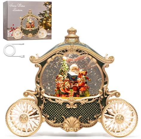 Weihnachts-Schneekugel-Laterne mit Geschenkbox, Weihnachtsmann-Szene, Wasserlaterne mit Glitzerschnee, musikalische Urlaubsdekoration mit LED-Licht, batterie- oder USB-Kabel, betrieben (Grün mit Gold)