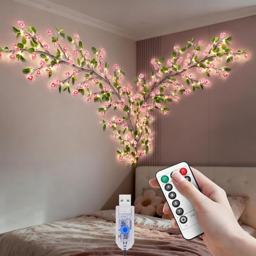 BomKra Kirschblüten Lichterkette Wanddeko - 144 LEDs Lichterkette Willow Vine mit Fernbedienung, 8 Modi, USB-Betriebene Timer, Kirschblütenbaum Wand für Wohnzimmer Deko (Mit Blättern 96led)