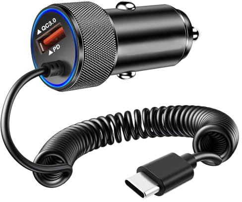 USB Zigarettenanzünder Adapter, 3.4A Schnell Kfz Auto Ladegerät USB C | 1,2m Spiralkabel, Schnellladegerät für Samsung Galaxy S25 Ultra/S24/S23/A56 5G/A55/A54, iPhone 17/16/15 uvm.