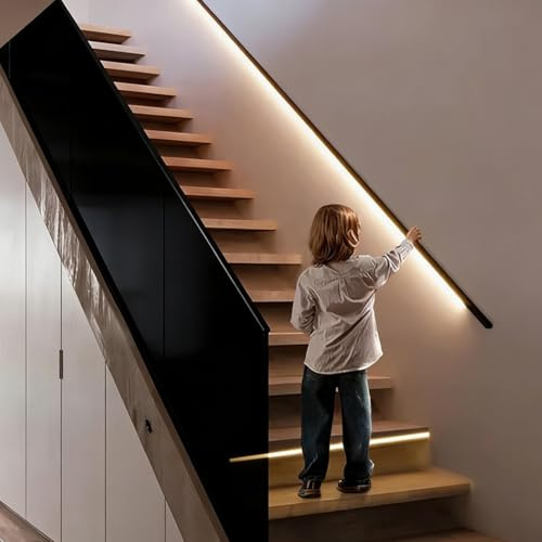 GZHERVICES LED Stair Handrail, Aluminum Stair Railing, Illuminated Square Handrail, Wall-mounted Stair Handrail Railing, Suitable For Outdoor Decks And Indoor Stairs, Black(3m)