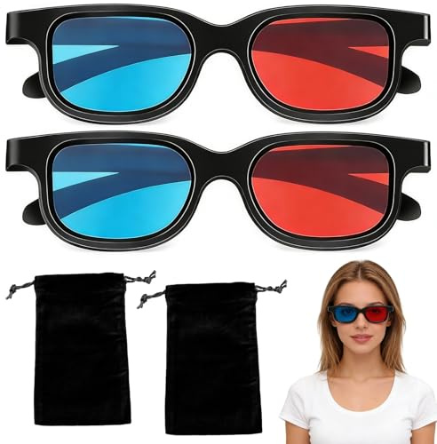 3D glasses red blue 2 pieces – Lightweight anaglyph 3D glasses with storage pouch – Suitable for 3D movies, games, projections – Black plastic frame for home theater