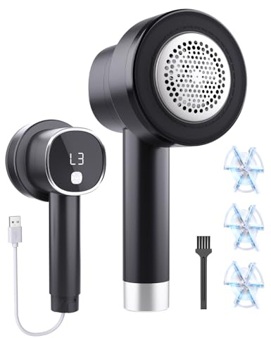 JTF Quitapelusas Electrico.Quita Pelusas para Ropa y Hogar (Negro) | Recargable USB Cable,Pantalla LCD,3 Velocidades,Cuchilla de 6 Puntas