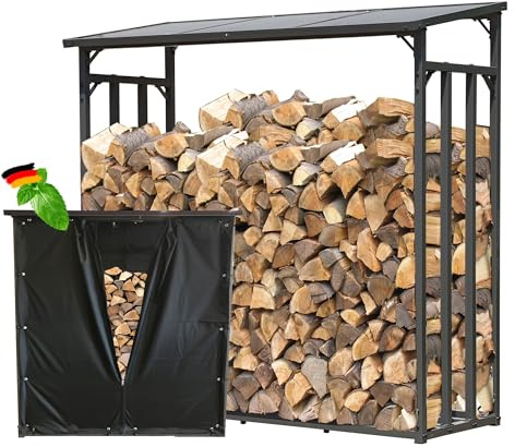 Metall Kaminholzregal Außen 185 x 70 x 185 cm Mit Wetterschutz Schwarz, Basic - 30 mm Stahlprofil, Anthrazit, Wetterfest, Kapazität 2,3 m³ (3,5 SRM), XXL Garten Kaminholzunterstand Stapelhilfe
