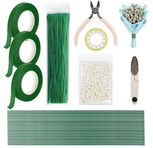DIY-Set de arte floral hecho a mano, incluye perlas ABS, alambre de metal, tallos florales de 2 mm de diámetro, tijeras, alicates y cinta adhesiva verde para principiantes y floristas profesionales