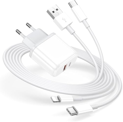 Cargador iPhone Carga Rapida, [Certificado MFi] 20W USB C Cargador iPad Enchufe 2 Puertos con 2 Rapido Cables de 2M Compatible with iPhone 17 16 15 14 13 12 11 Plus Pro Max Air XR XS X 8 7/Samsung etc