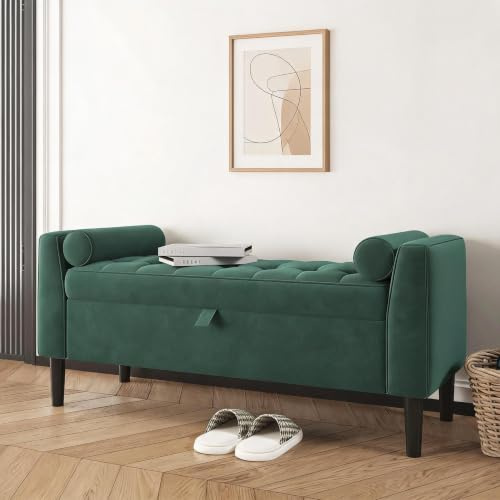 Samt Sitzbank mit Stauraum und Armlehnen – Gepolsterte Flurbank mit 2 Kissen, Knopfheftung, vielseitig als Schuhbank oder Aufbewahrungsbank für Schlafzimmer, Wohnzimmer & Eingangsbereich – Grün