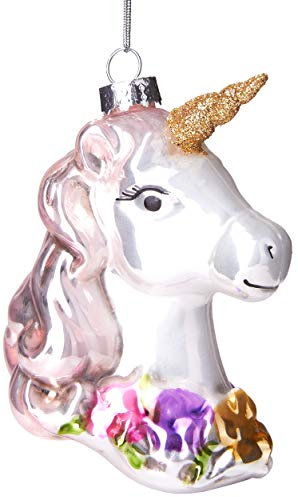 BRUBAKER Unicornio con Corona de Flores - Bola de Cristal Pintado a Mano - Bola de arbol de Navidad con Boca Soplada Figuras de Decoración Divertidas Colgantes de Decoración Bola de arbol - 9.5 cm