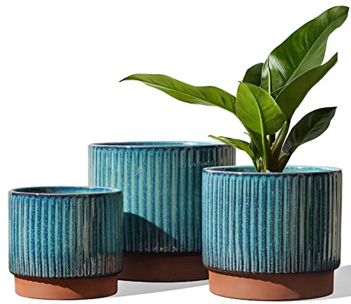 LE TAUCI Ceramic Plant Pots with Drainage Holes, Set of 3, 8+6.7+5.5 Inch Stripe Garden Planter Pots for Outdoor Indoor Plants Flower, Round Succulent Orchid Flower Pot, Reactive Glaze Green