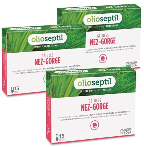 OLIOSEPTIL - Nez-Gorge - Complexe de 7 Huiles Essentielles Pures et Chémotypées - Assainit le Système Respiratoire & Apaise la Gorge - Dès 15 Ans - Lot de 3 produits