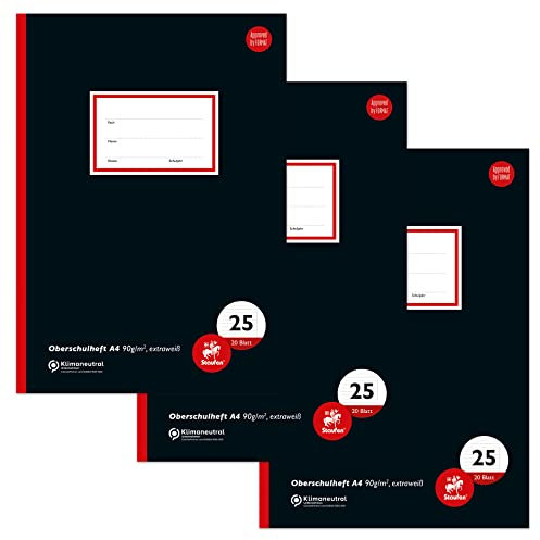 Staufen Style Oberschulheft - DIN A4, liniert mit Rand, 20 Blatt, extraweißes 90g/m² Qualitätspapier, 3 Stück