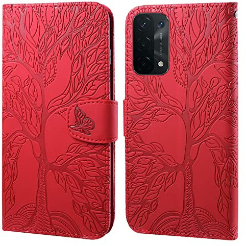Ailisi Handyhülle für Oppo A54 5G/Oppo A74 5G, Baum Muster Klapphülle Leder Handy Tasche Etui Wallet Flip Case Schutz Hülle Brieftasche mit TPU innen Schale, Kartenfächer, Aufstellfunktion -Rot